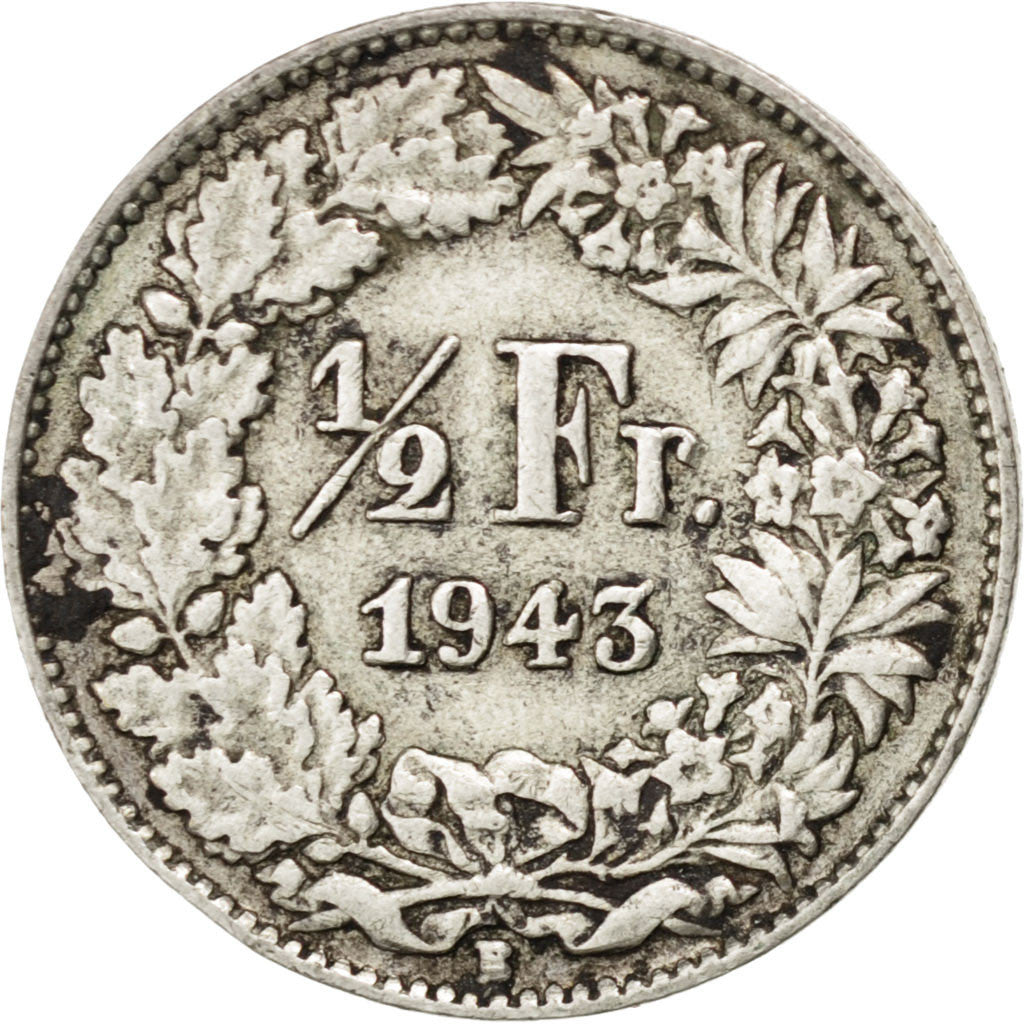 SWITZERLAND, 1/2 Franc, 1943, Bern, KM #23, EF(40-45), Silver, 18.2, 2.46