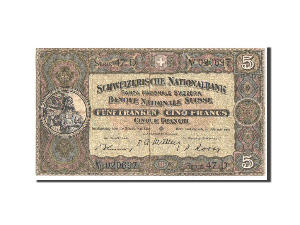 Switzerland, 5 Franken, 1951, KM #11o, VF(30-35)