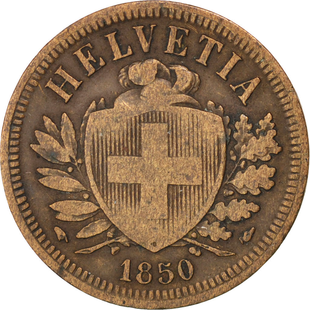 SWITZERLAND, 2 Rappen, 1850, Paris, KM #4.1, VF(20-25), Bronze, 20, 2.37