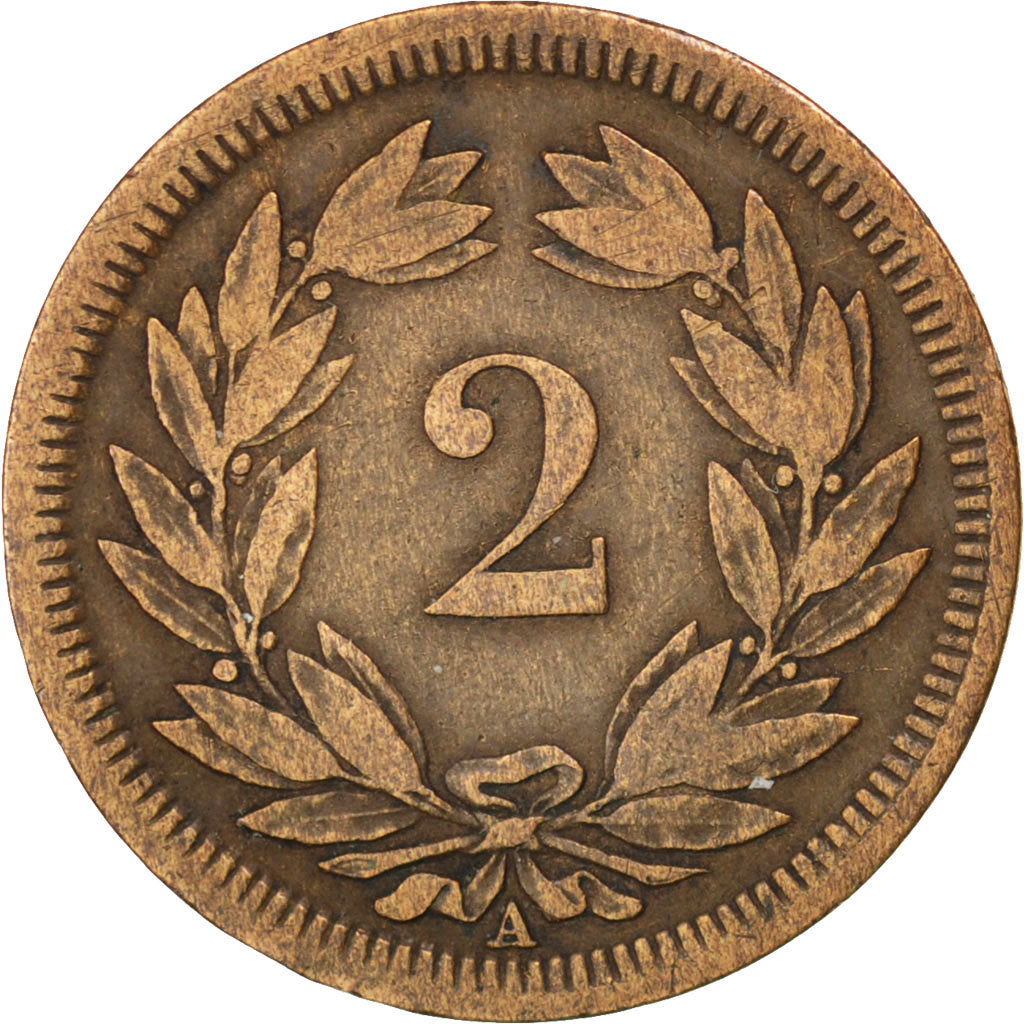 SWITZERLAND, 2 Rappen, 1850, Paris, KM #4.1, VF(20-25), Bronze, 20, 2.37