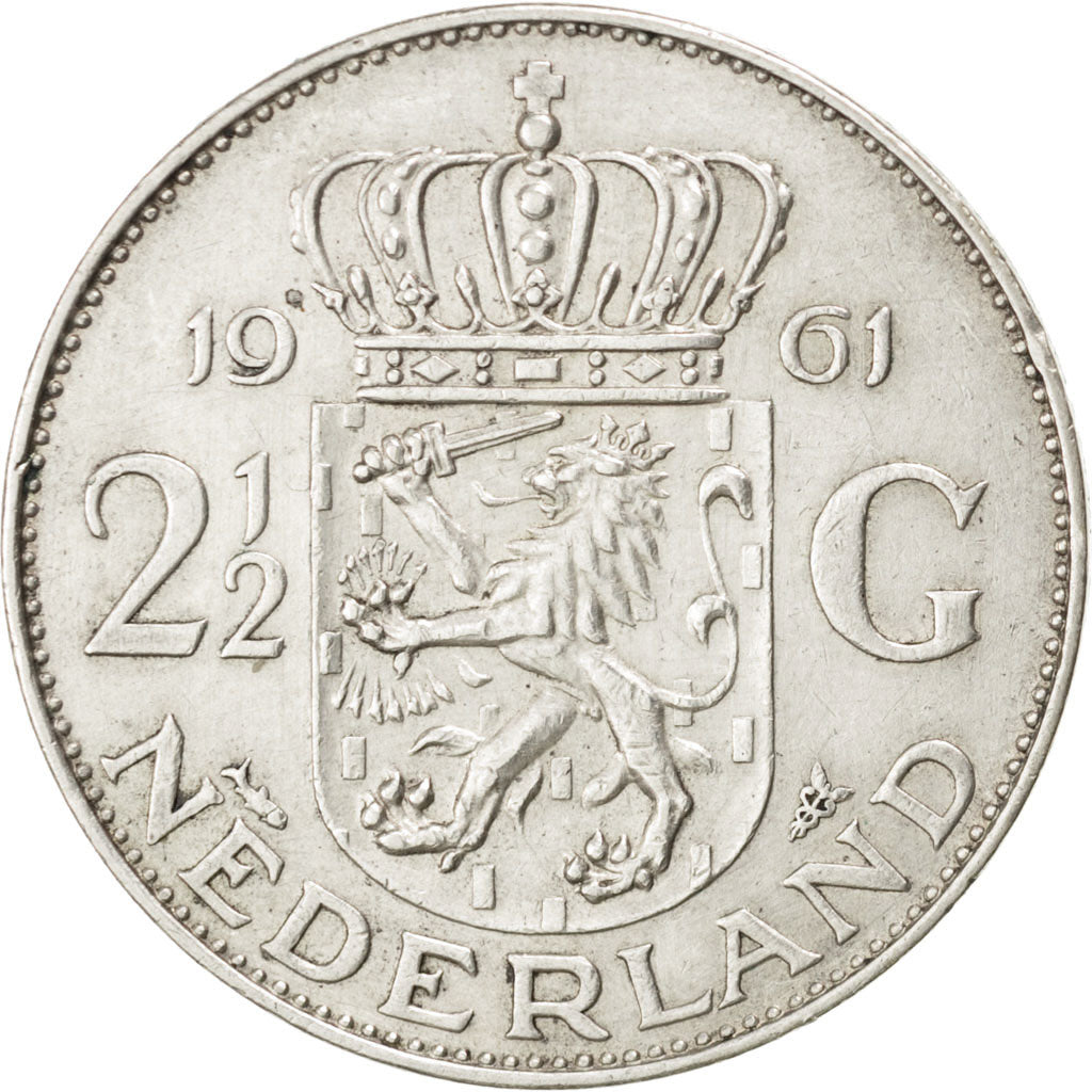 NETHERLANDS, 2-1/2 Gulden, 1961, KM #185, AU(55-58), Silver, 33, 14.98