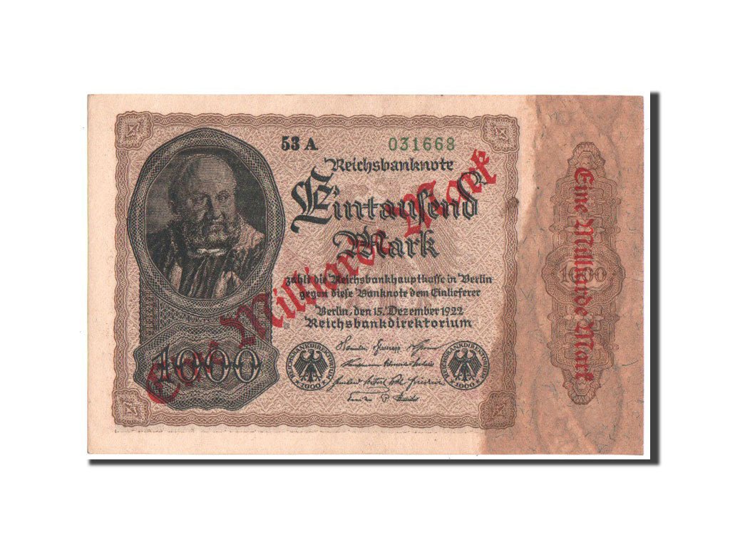 Banknote, Germany, 1 Milliarde Mark on 1000 Mark, 1922, AU(55-58)