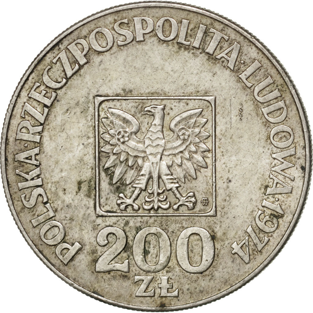 POLAND, 200 Zlotych, 1974, Warsaw, KM #72, AU(55-58), Silver, 31, 14.43
