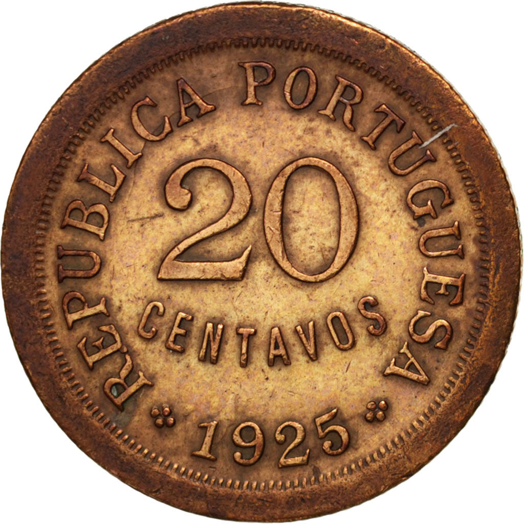 PORTUGAL, 20 Centavos, 1925, KM #574, AU(50-53), Bronze, 24, 4.98