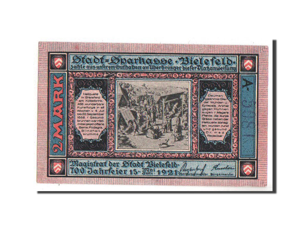 Billete, Alemania, Bielefeld, 2 Mark, 1921, SC, Mehl:103.6a