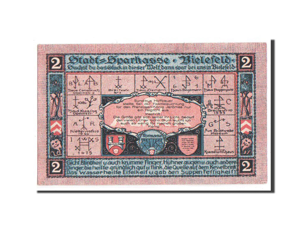 Billete, Alemania, Bielefeld, 2 Mark, 1921, SC, Mehl:103.6a