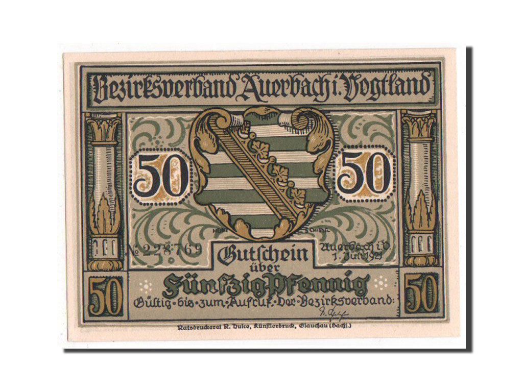 Banknote, Germany, Auerbach Amtshauptmannschaft, 50 Pfennig, 1921, UNC(63)
