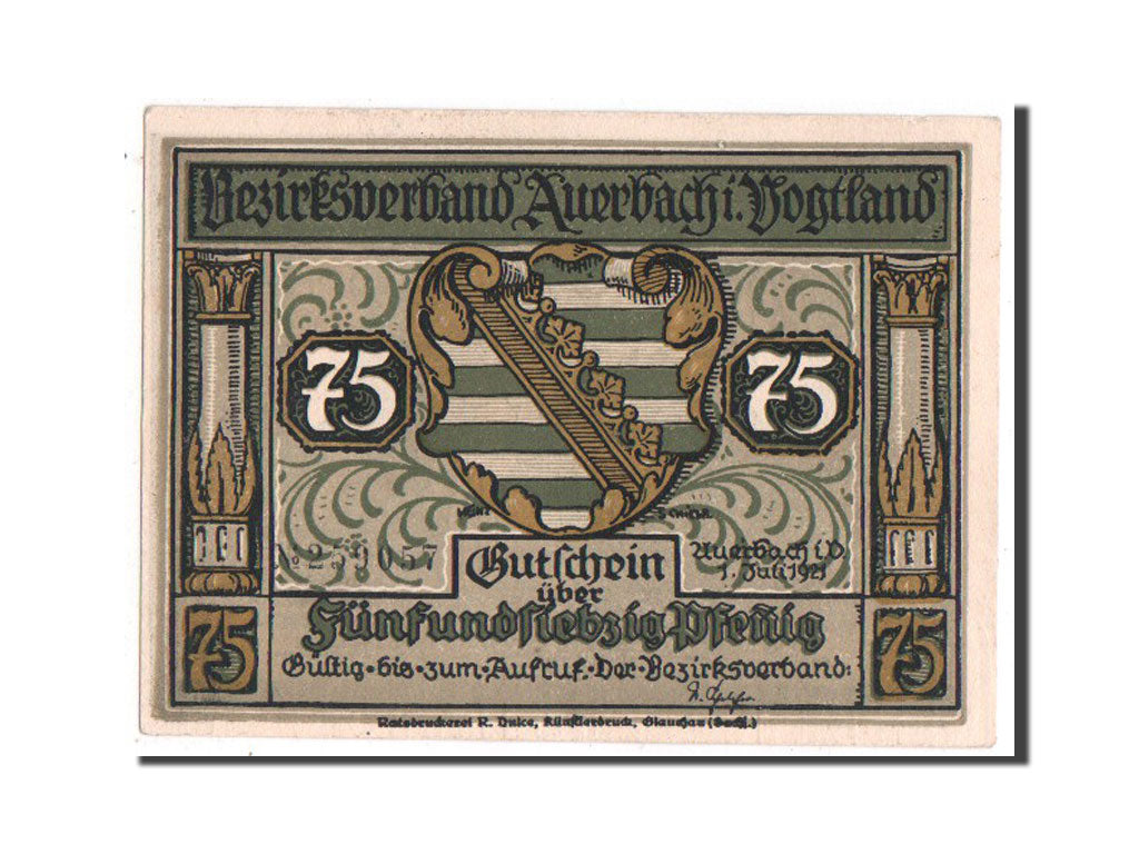 Banknote, Germany, Auerbach Amtshauptmannschaft, 75 Pfennig, 1921, UNC(63)