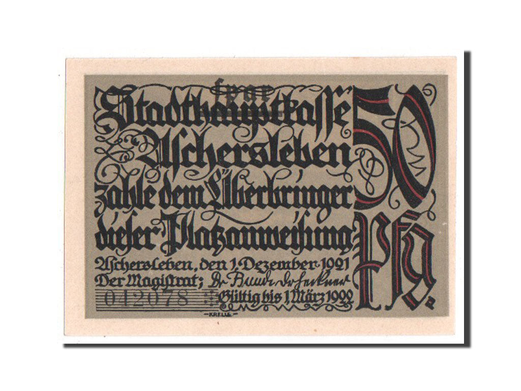 Banknote, Germany, Aschersleben, 50 Pfennig, 1921, UNC(65-70), Mehl:50.3