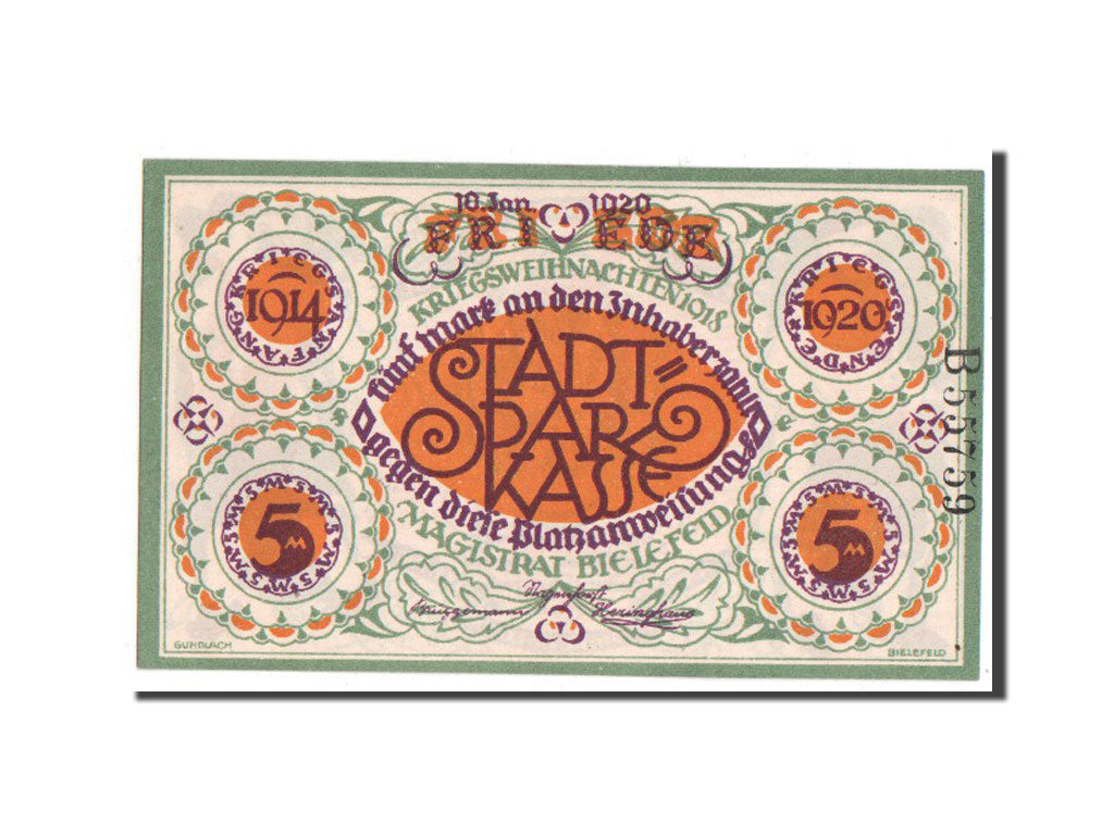 Billet, Allemagne, Bielefeld, 5 Mark, 1920, SPL+, Mehl:103.4a