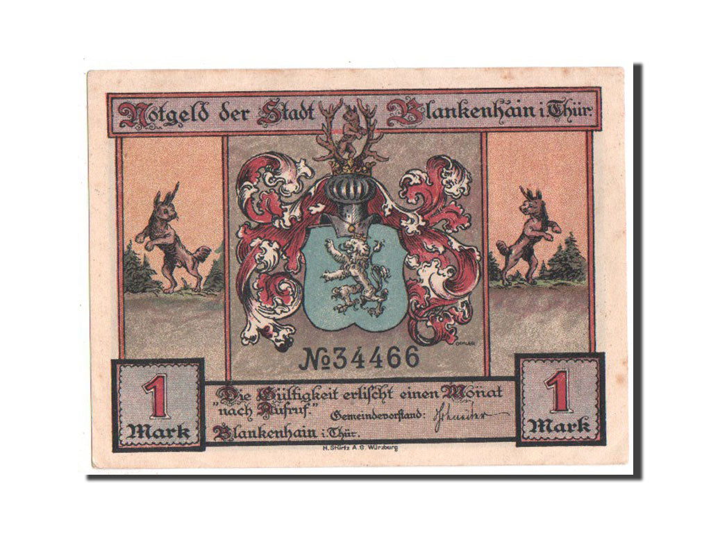 Germany, Blankenhain in Thuringen Stadt, 1 Mark, 1923, AU(55-58), 34466, Mehl...