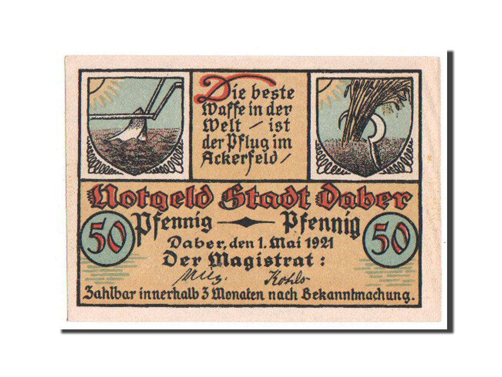 Banconote, Germania, Daber Stadt, 50 Pfennig, 1921, FDS, Mehl:250.1