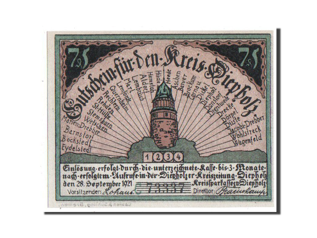 Banknote, Germany, Diepholz, 75 Pfennig, 1921, UNC(65-70), Mehl:273.5