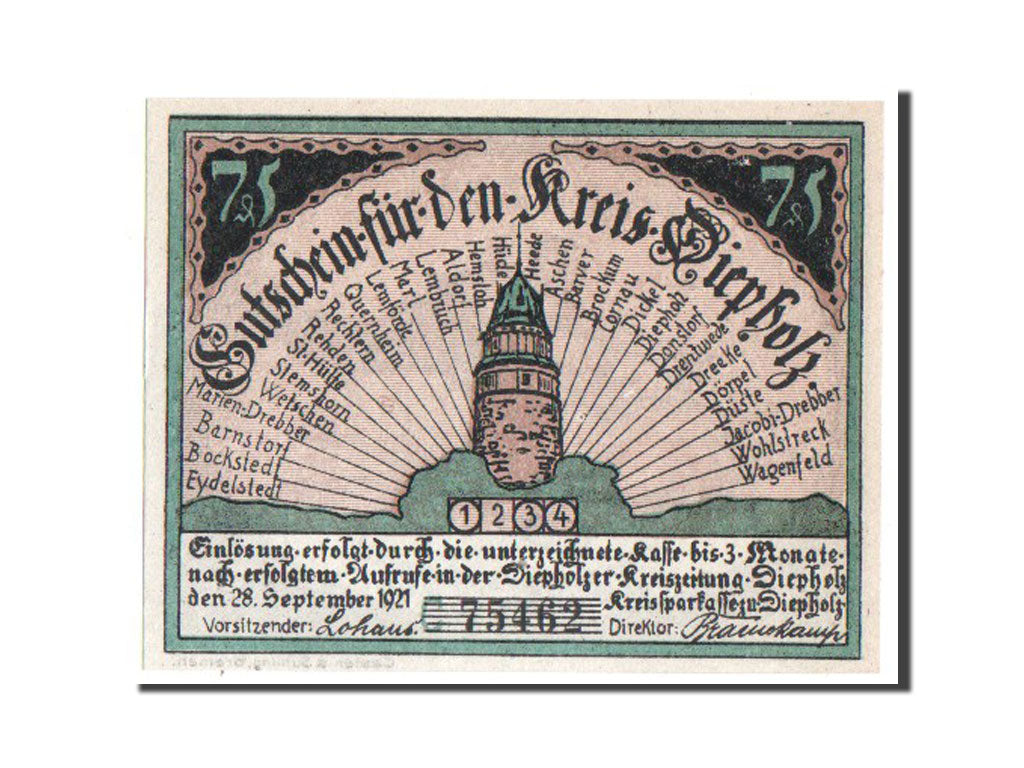 Banknote, Germany, Diepholz, 75 Pfennig, 1921, UNC(65-70), Mehl:273.5