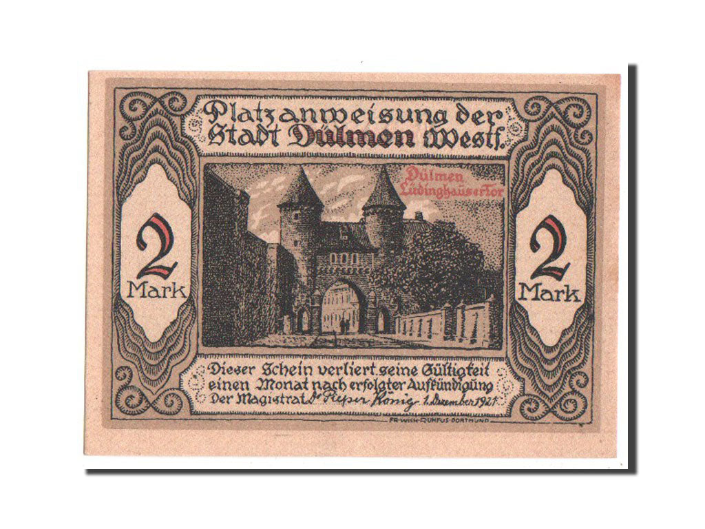 Billete, Alemania, Dulmen, 2 Mark, 1921, UNC, Mehl:295a