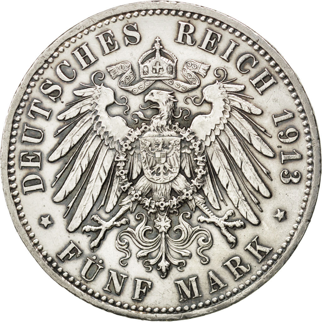 Stati tedeschi, PRUSSIA, Wilhelm II, 5 Mark, 1913, Berlin, BB+, Argento, KM:536