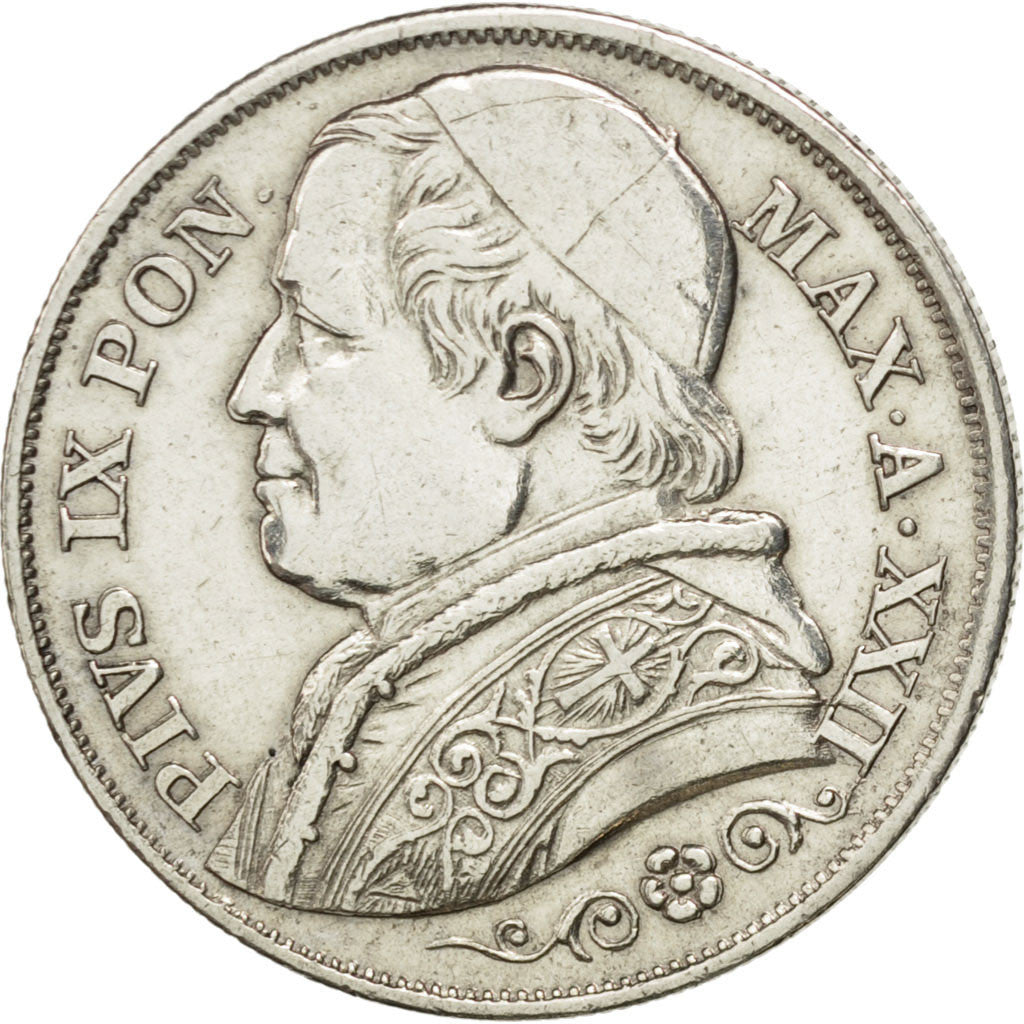 ITALIAN STATES, 2 Lire, 1867, Roma, KM #1379.2, AU(50-53), Silver, 9.97