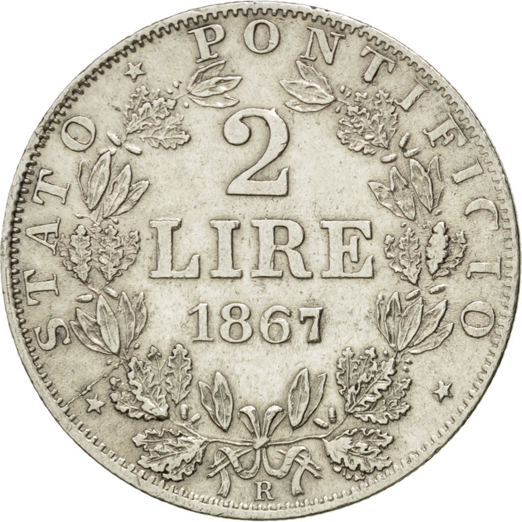 ITALIAN STATES, 2 Lire, 1867, Roma, KM #1379.2, AU(50-53), Silver, 9.97