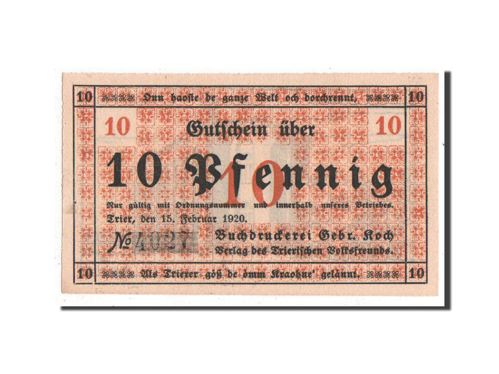 Germany, Trier Stadt, 10 Pfennig, 1920, UNC(63), 4027, Mehl #1342.1
