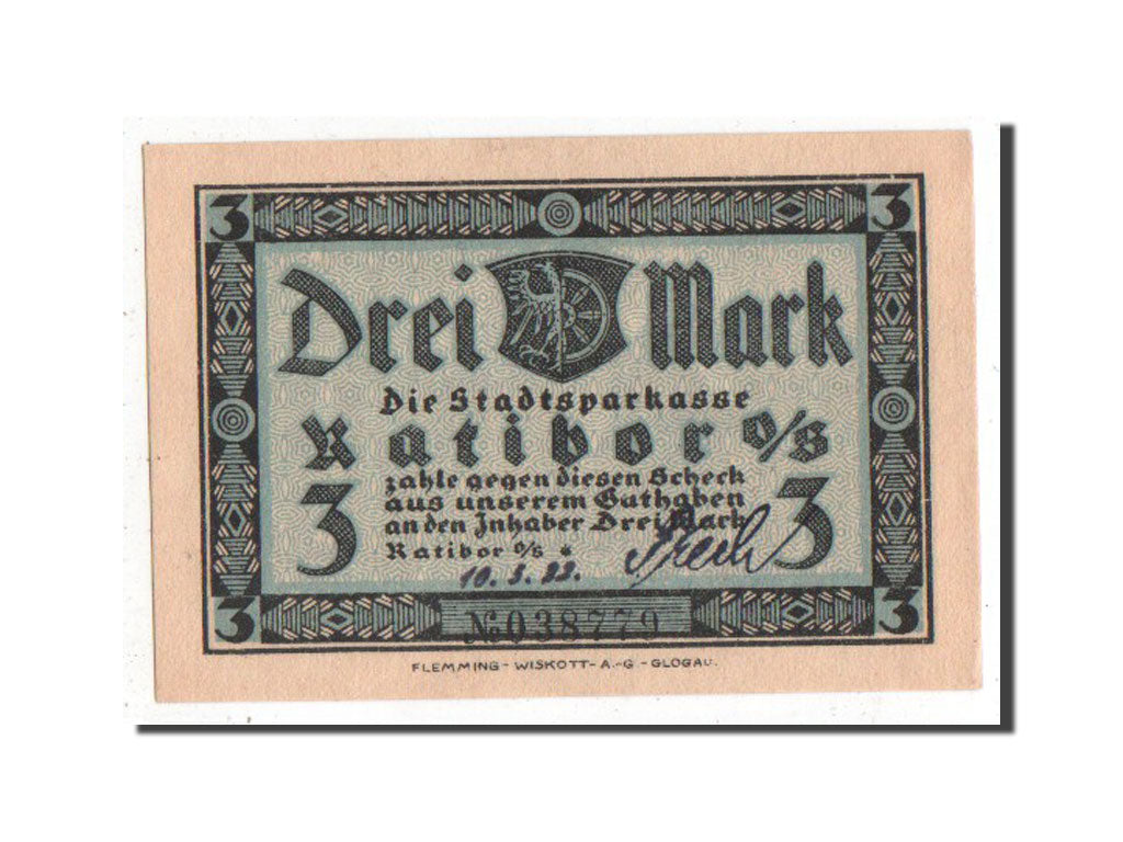 Germany, Ratibor Stadtsparkasse, 3 Mark, 1922, UNC(63), 038779, Mehl #1100.1b