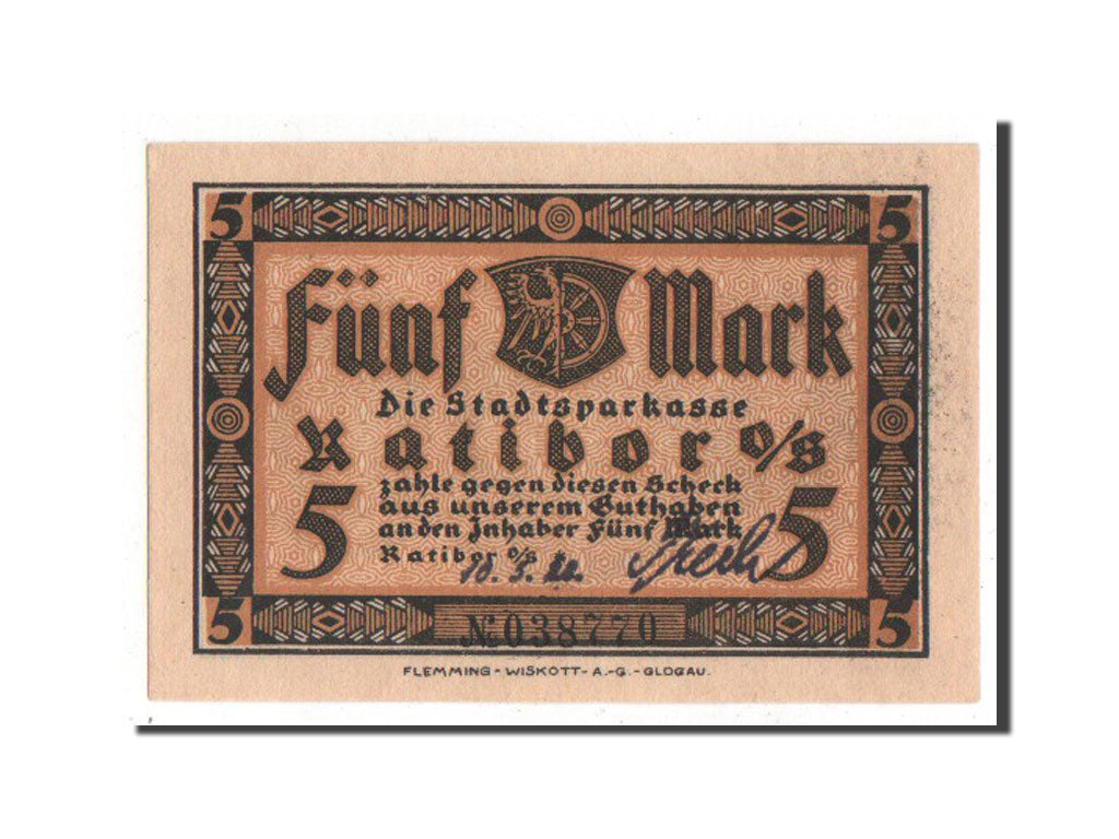 Banknote, Germany, Ratibor Stadtsparkasse, 5 Mark, 1922, UNC(63), Mehl:1100.1b