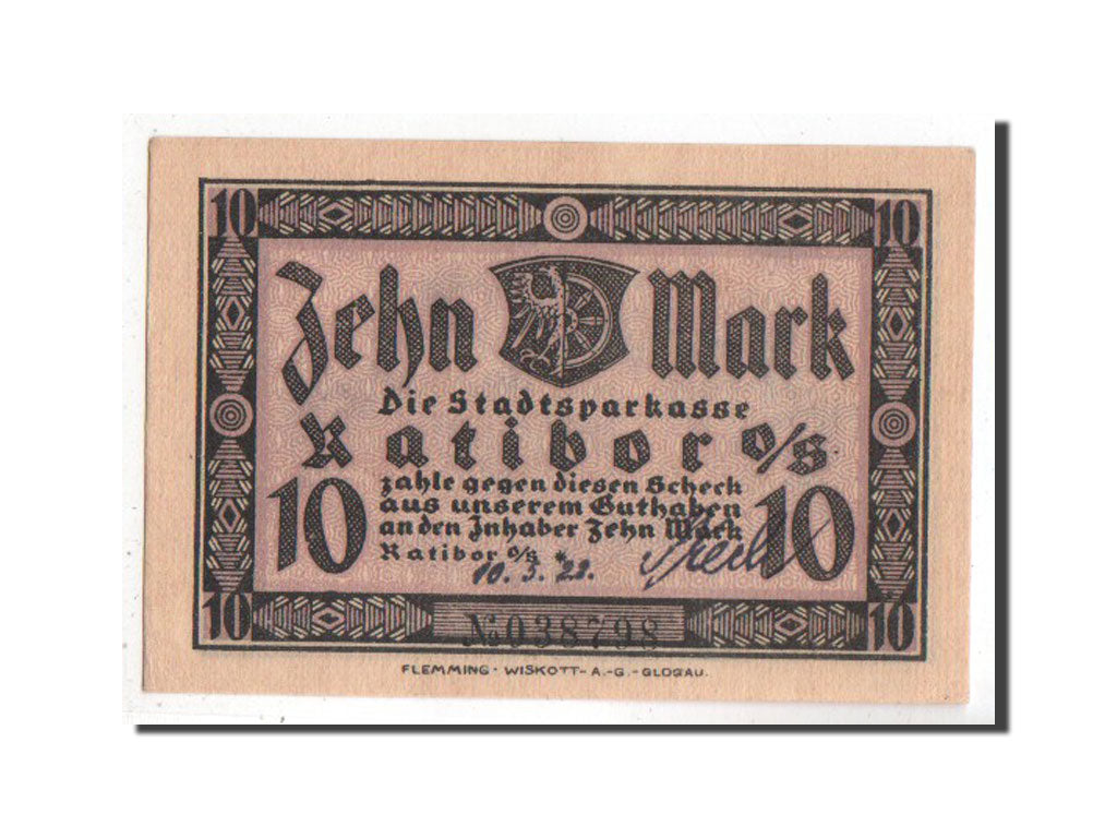 Banknote, Germany, Ratibor Stadtsparkasse, 10 Mark, 1922, UNC(63), Mehl:1100.1b