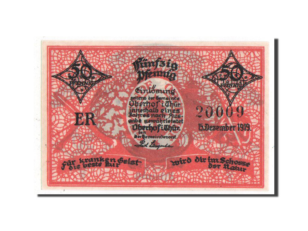 Banconote, Germania, Oberhof Gemeinde, 50 Pfennig, 1919, SPL, Mehl:996.1c