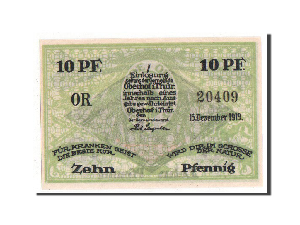 Billet, Allemagne, Oberhof Gemeinde, 10 Pfennig, 1919, SPL, Mehl:996.1c