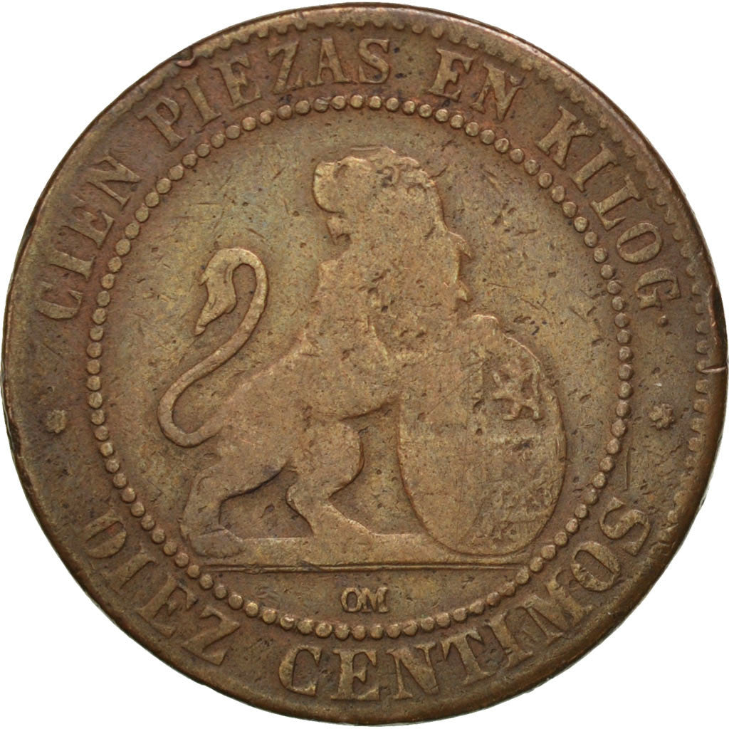 Moneta, Spagna, Provisional Government, 10 Centimos, 1870, MB, Rame, KM:663