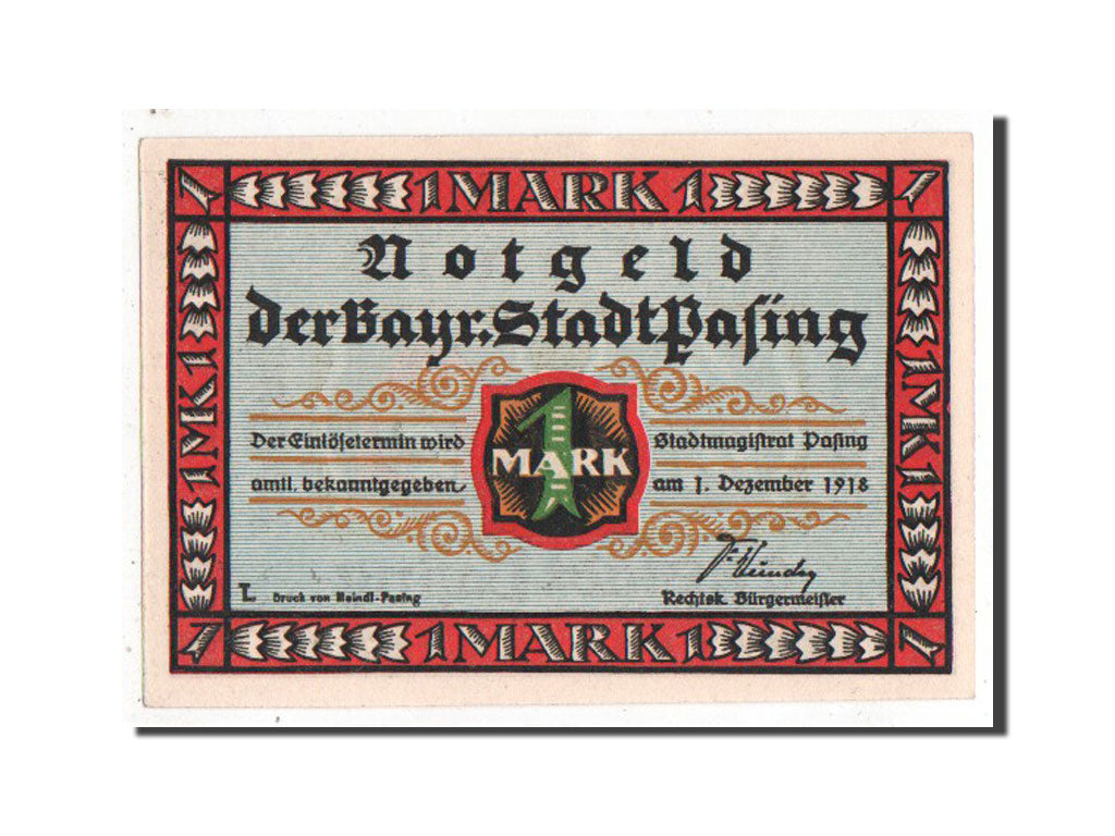 Germany, Pasing Stadt, 1 Mark, 1918, UNC(65-70), Mehl #1050.2b