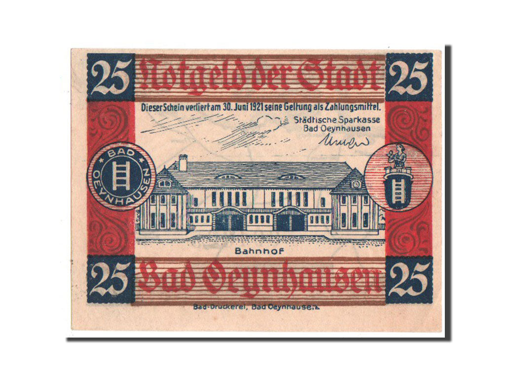 Billete, Alemania, Oeynhausen Bad W Klutsch Hotel Furstenhof, 25 Pfennig, 1921