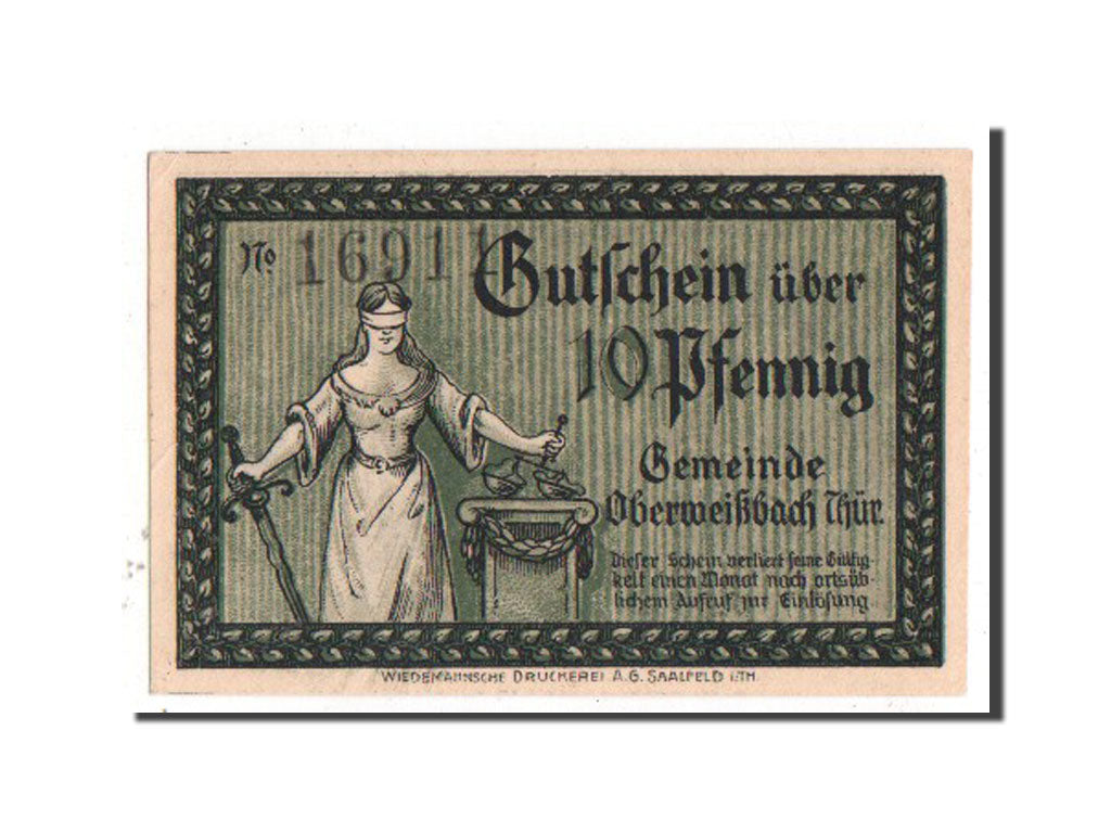 Banknote, Germany, Oberweissbach Cursdorf Deesbach und Lichtenhain, 10 Pfennig