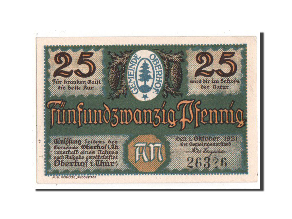 Germany, Oberhof Gemeinde, 25 Pfennig, 1921, UNC(65-70), 26326, Mehl #996.4