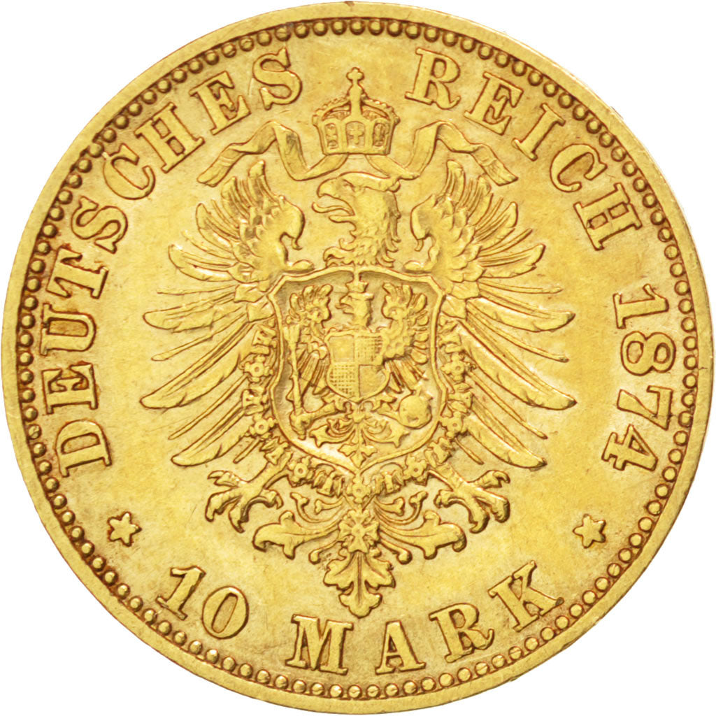 German States, 10 Mark, 1874, Frankfurt, KM #504, AU(50-53), Gold, 3.96
