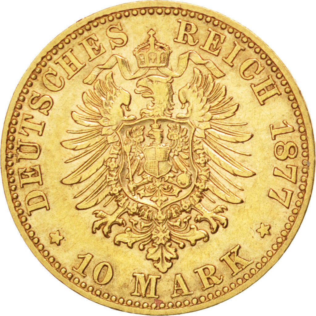 German States, 10 Mark, 1877, Dresde, KM #1235, AU(55-58), Gold, 3.99