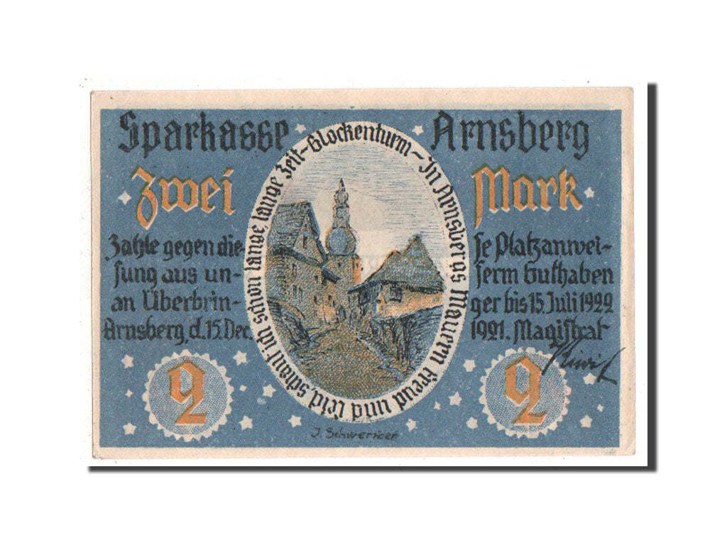 Germany, Arnsberg, 2 Mark, 1921, UNC(65-70), 038000, Mehl #42.1