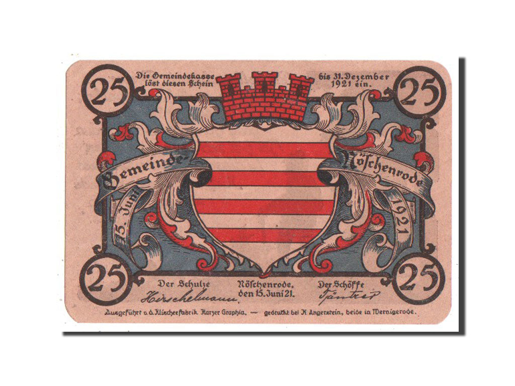 Banknote, Germany, Noschenrode Gemeinde, 25 Pfennig, 1921, AU(55-58), Mehl:980.9