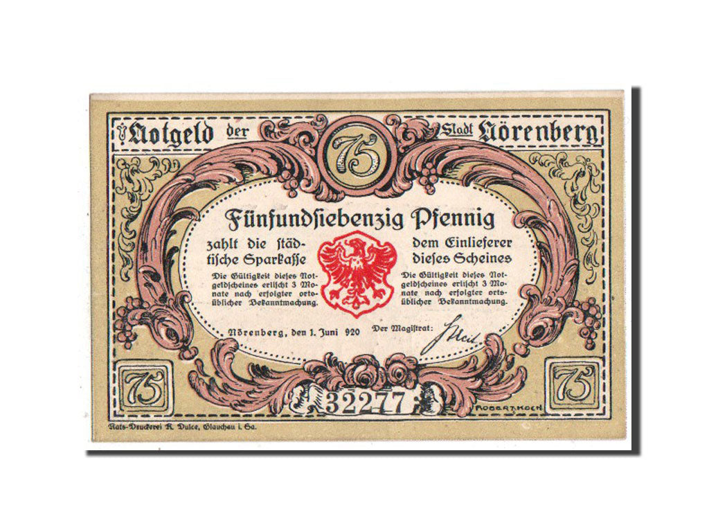 Banknote, Germany, Norenberg Stadt, 75 Pfennig, 1920, UNC(65-70), Mehl:979.20a
