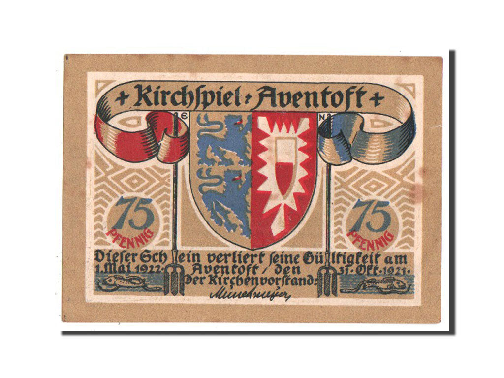 Germany, Aventoft Kirchenvorstand, 75 Pfennig, 1921, AU(55-58), Mehl #57.1