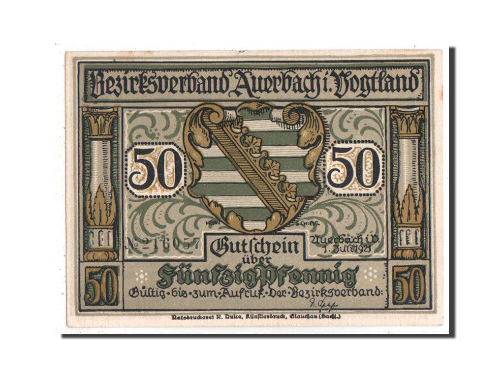 Banknote, Germany, Auerbach Amtshauptmannschaft, 50 Pfennig, 1921, UNC(63)