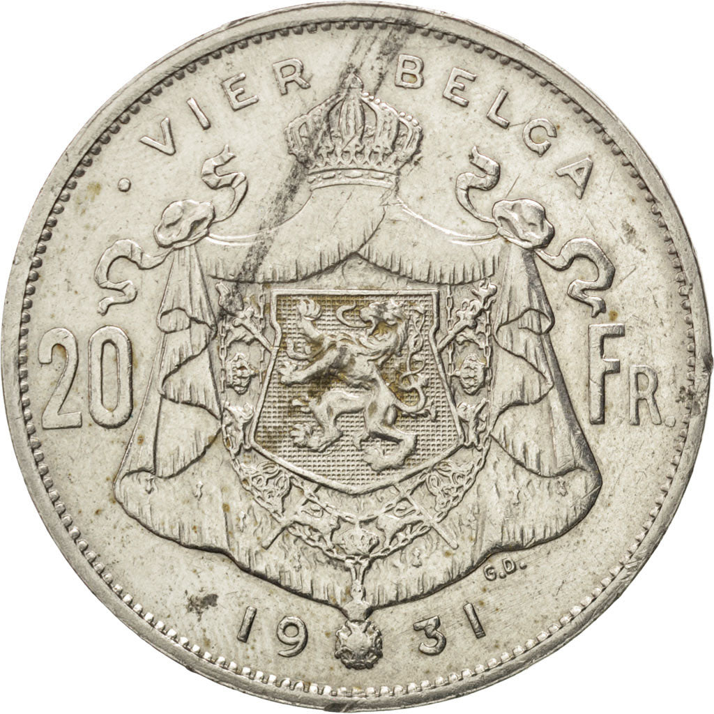 Belgique, Albert I, 20 Francs, légende flamande, 1931, KM 102