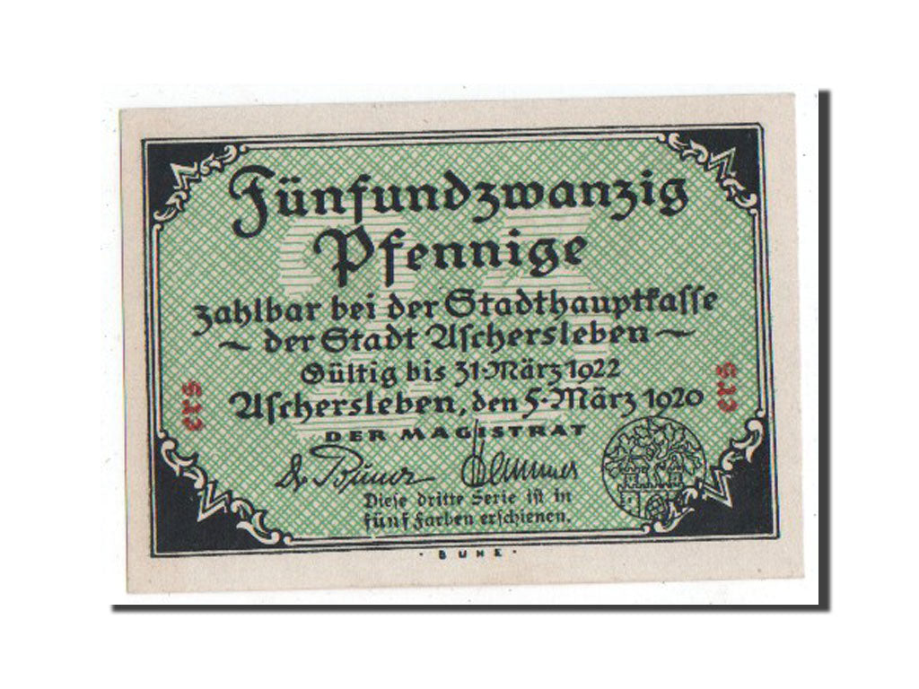 Banknote, Germany, Aschersleben, 25 Pfennig, 1920, UNC(65-70), Mehl:50.1