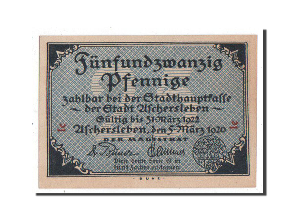 Banknote, Germany, Aschersleben, 25 Pfennig, 1920, UNC(65-70), Mehl:50.1