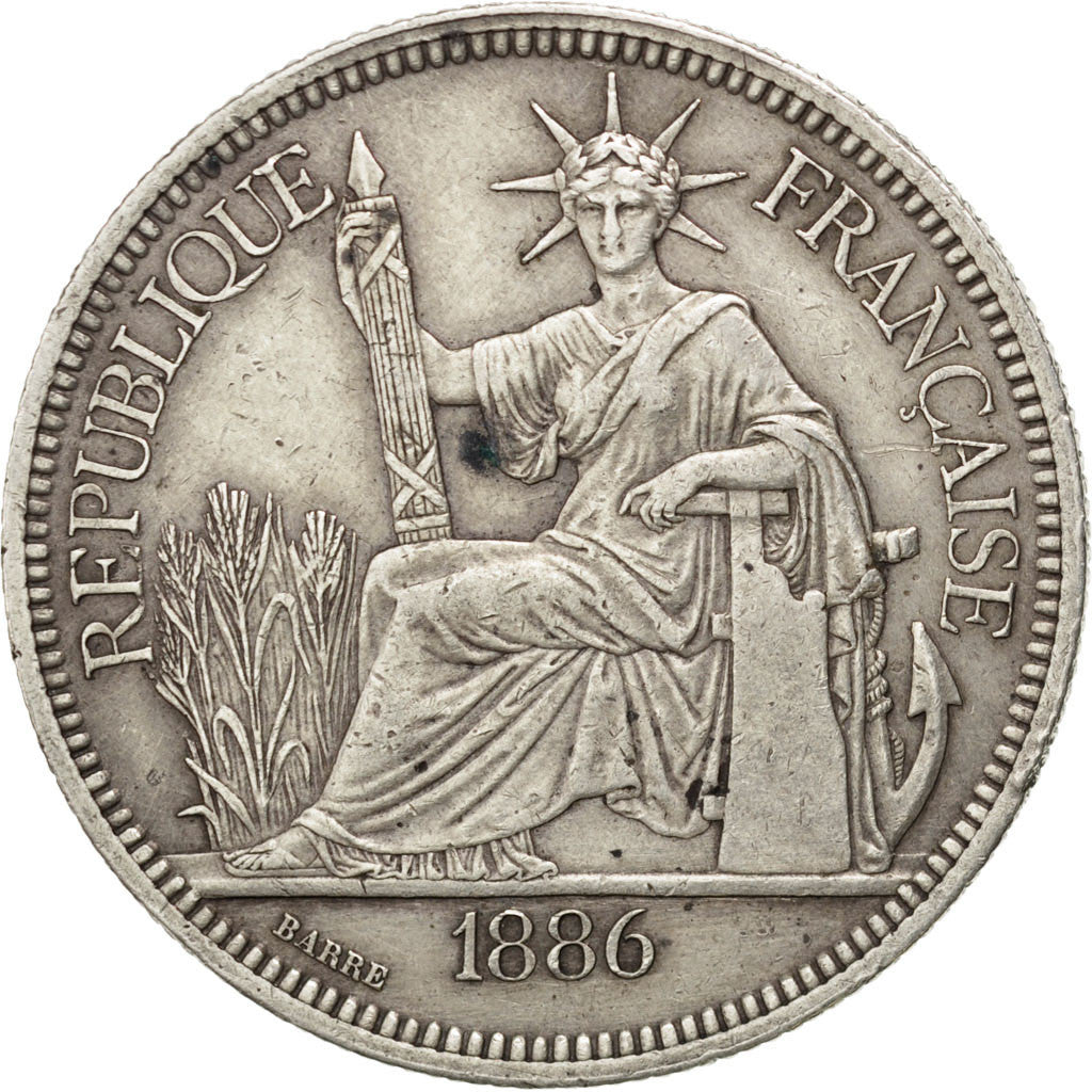 FRENCH INDO-CHINA, Piastre, 1886, Paris, KM #5, AU(50-53), Silver, Lecompte...