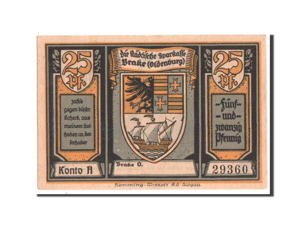 Banknote, Germany, Brake Stadtische Sparkasse, 25 Pfennig, 1922, UNC(63)