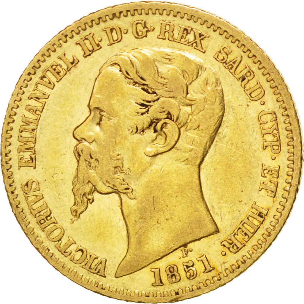 ITALIAN STATES, 20 Lire, 1851, Genoa, KM #146.2, EF(40-45), Gold, 21, 6.44