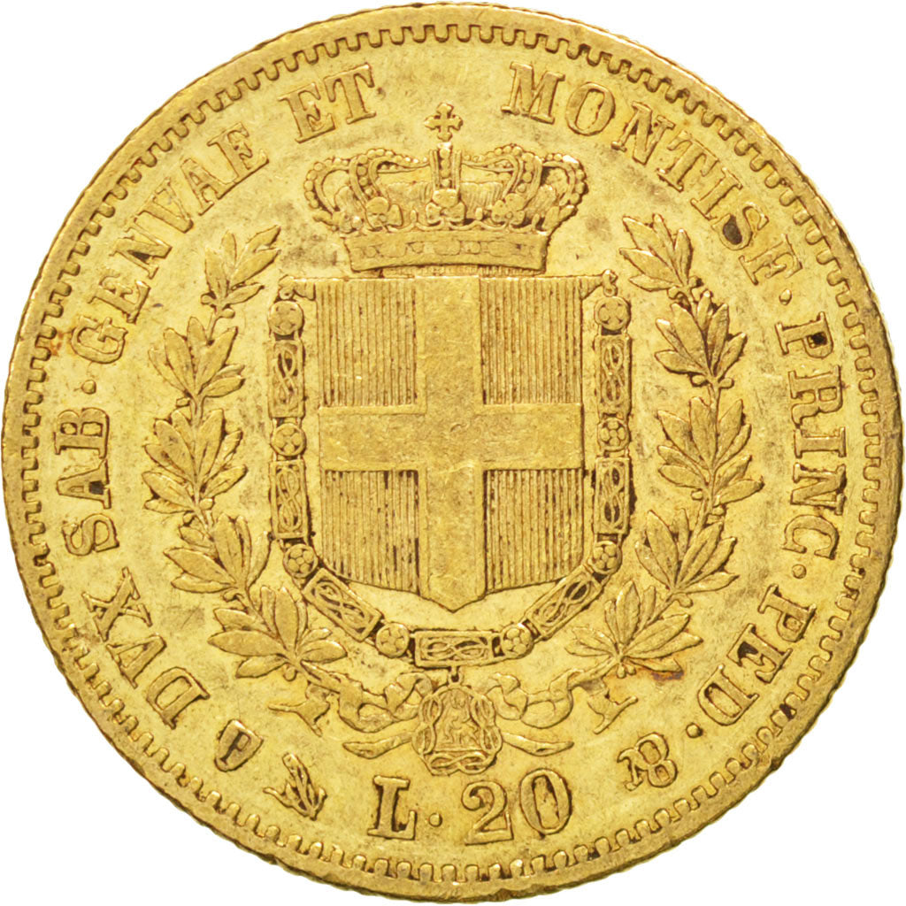 ITALIAN STATES, 20 Lire, 1851, Genoa, KM #146.2, EF(40-45), Gold, 21, 6.44
