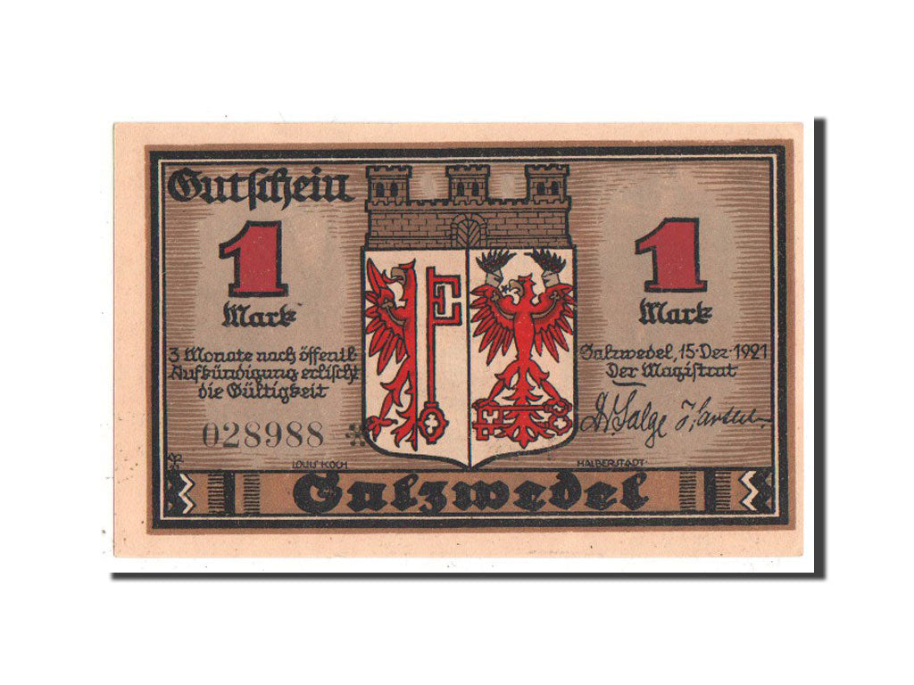 Germany, Salzwedel, 1 Mark, 1921, UNC(63), 028988, Mehl #1162.2a