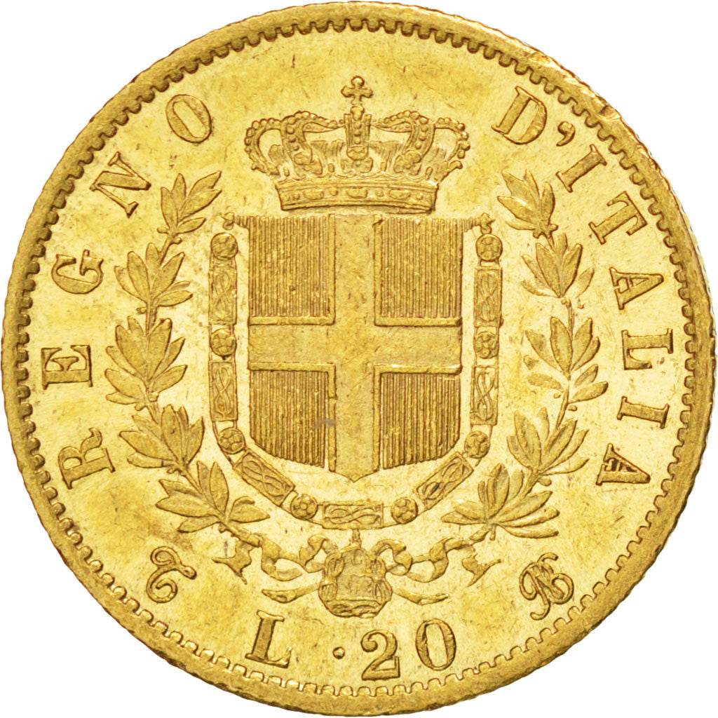 ITALY, 20 Lire, 1863, Torino, KM #10.1, AU(55-58), Gold, 6.44