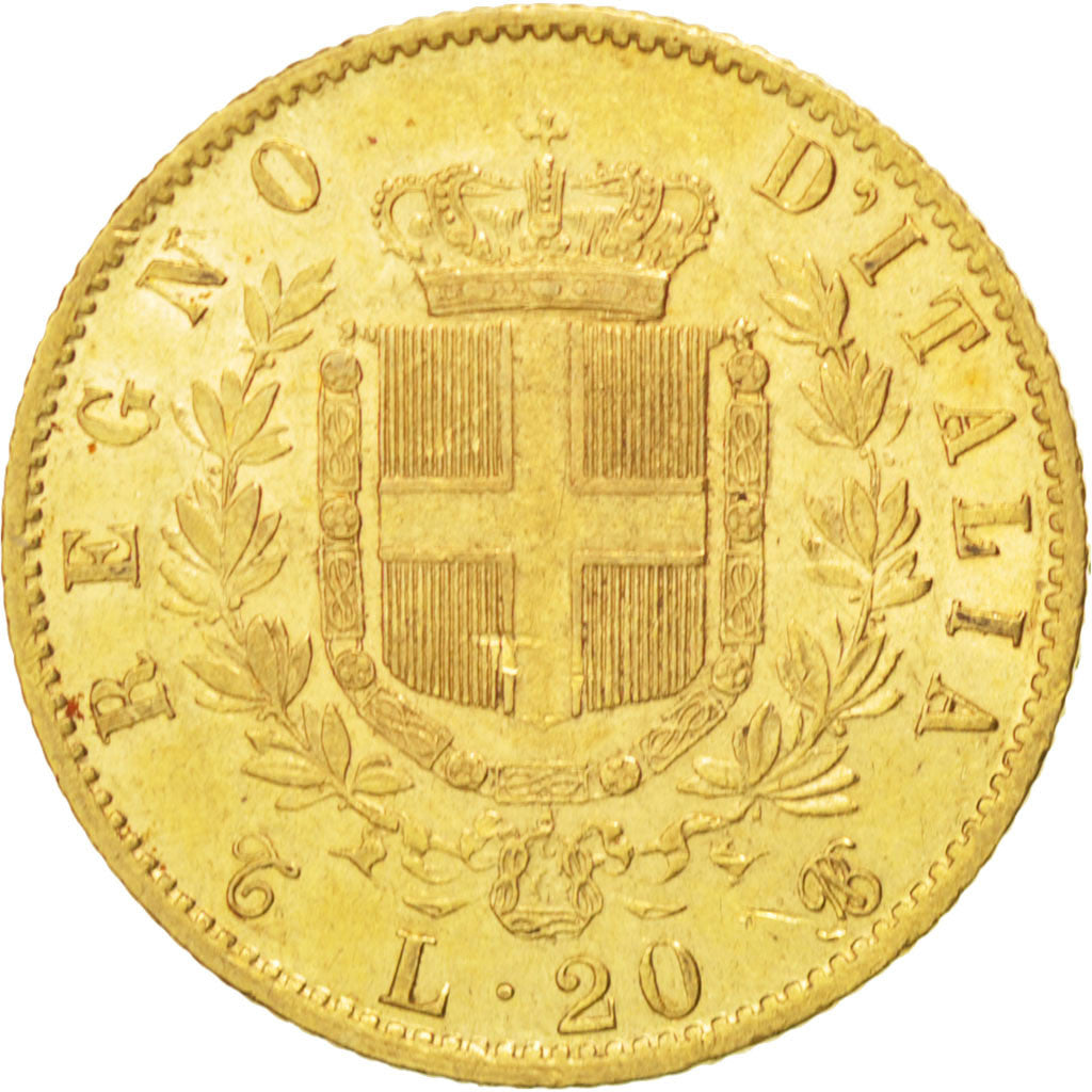 ITALY, 20 Lire, 1865, Torino, KM #10.1, AU(50-53), Gold, 6.45